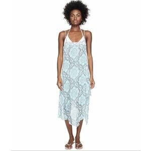 Letarte Handmade Abstract Print Turquoise Blue Coverup Sundress Sz Large